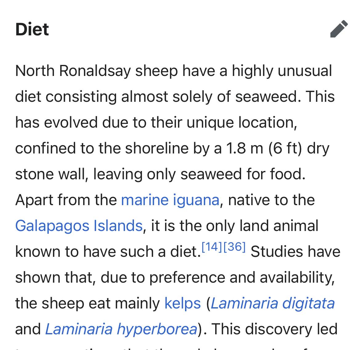 North Ronaldsay sheep have a highly unusual diet consisting almost solely of seaweed. This has evolved due to their unique location, confined to the shoreline by a 1.8 m (6 ft) dry stone wall, leaving only seaweed for food. Apart from the marine iguana, native to the Galapagos Islands, it is the only land animal known to have such a diet. 141361 Studies have shown that, due to preference and availability, the sheep eat mainly kelps (Laminaria digitata and Laminaria hyperborea).