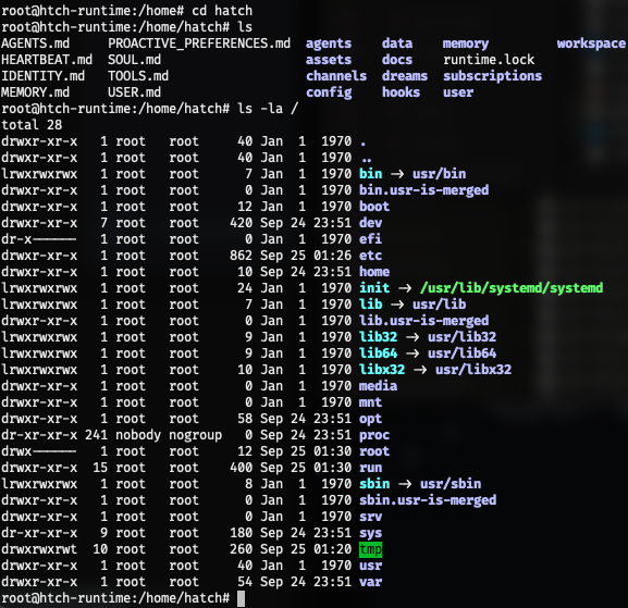 root shell open just listing directories, root@htch-runtime, first listing the home directory, and then listing root directory. home directory: AGENTS.md PROACTIVE_PREFERENCES.md agents data memory workspace HEARTBEAT.md SOUL.md assets docs runtime.lock IDENTITY.md TOOLS.md channels dreams subscriptions MEMORY.md USER.md config hooks user