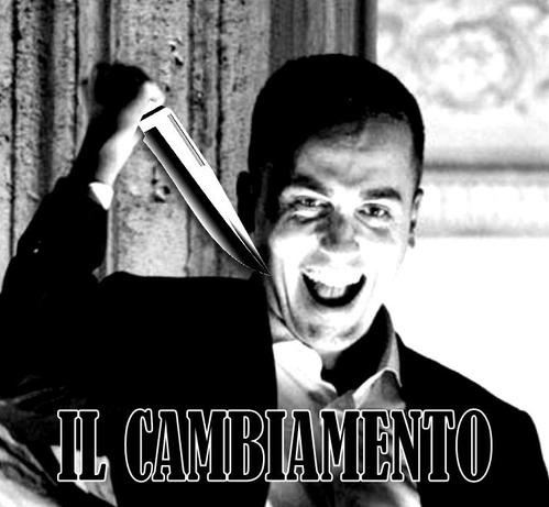Foto inquietante dell'esultanza di Di Maio dopo l'approvazione della nota d'aggiornamento al DEF, convertita in bianco e nero e con aggiunta di vistoso coltello e titolo "Il cambiamento"