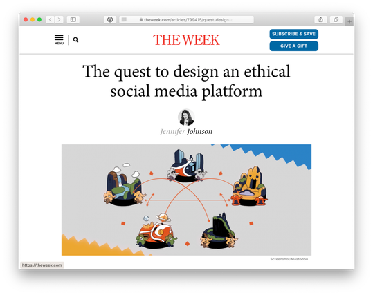 Screenshot of the article mentioned in the toot, with a photo of the author and an illustration of Mastodon, showing its federated topology.