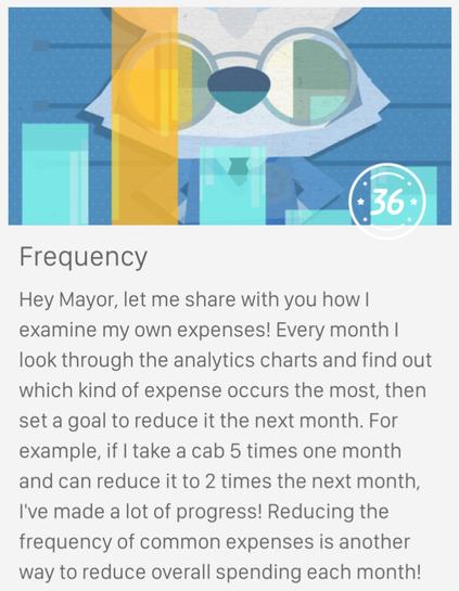 Screenshot of a character & his message for saving money and managing finances, from Fortune City app