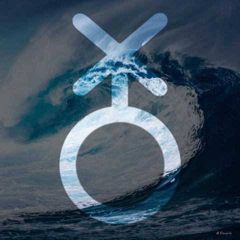 The nonbinary symbol over a picture of a large, blue ocean wave.