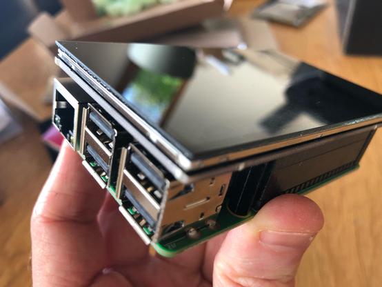HyperPixel screen mounted on a Raspberry Pi 3B+ using GPIO with raisers