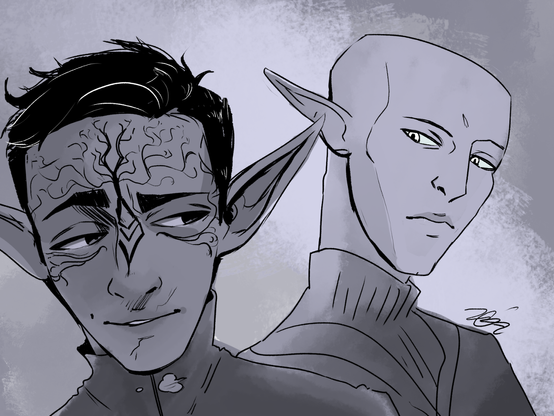 Front left, an elf with a tree-like tattoo over his forehead and cheeks smiles back at a taller, bald elf in a turtleneck.
