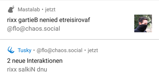 Notifications of Mastalab and Tusky on Android.

The text is reversed.