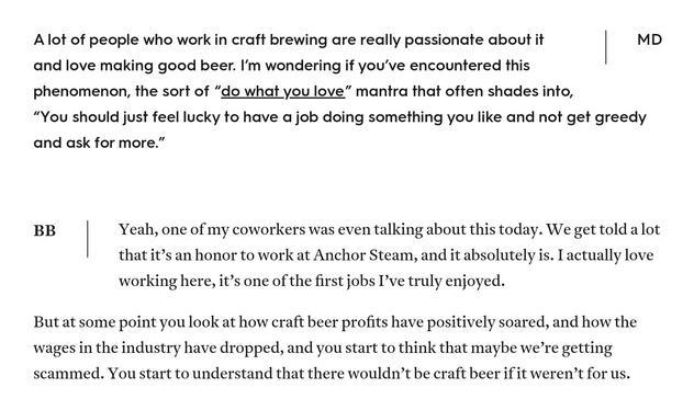 excerpt from the linked article in which it is suggested that brewery workers are told they should feel lucky to do what they're doing and accept poor conditions because of it