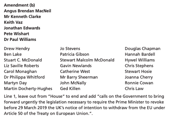 Text of the "revoke Article 50 amendment" and the names of the supporting MPs.