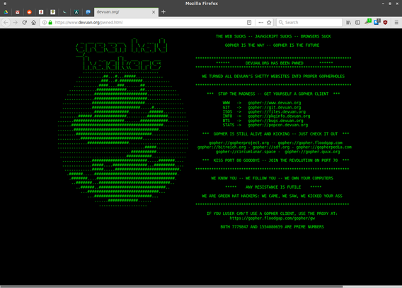 Screenshot of Firefox showing the "pwned" page of Devuan Linux.