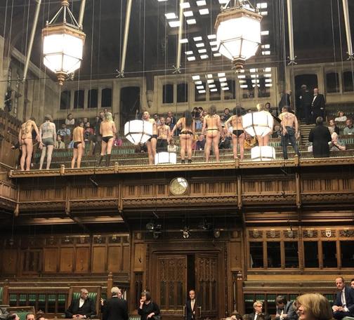 Extinction Rebellion naked/superglue protestors in the public gallery at Westminster.