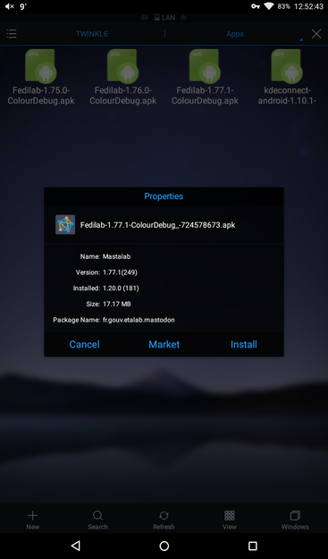 Install dialog showing that I'm about to update from version 1.20.0 to 1.77.1 of #Fedilab