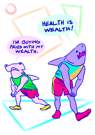 Purple color variant of two sharks stretchung and doing lunges. One says "Health is wealth!" The hammerhead replies "I'm buying fries with my wealth."
