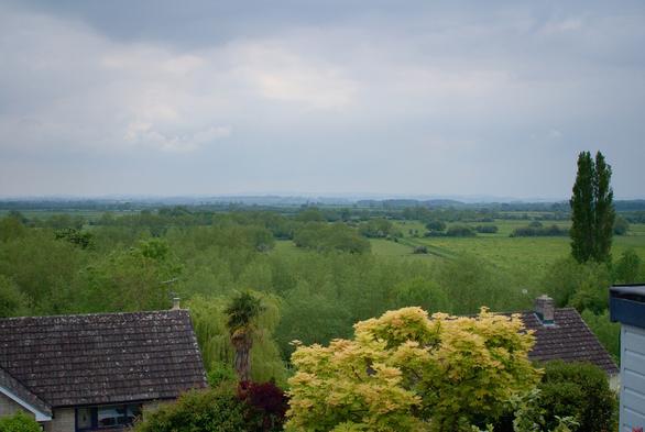 A landscape of the Somerset Levels seen from the Church on 'The Hill' at Langport, UK.