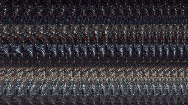 a fractal texture, repeating with distortions.  when viewed cross-eyed binocular depth perception is tricked into seeing a hidden image