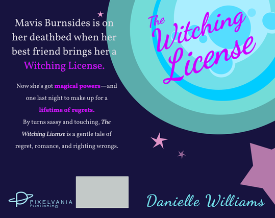 WIP of a cozy vector-style book cover for THE WITCHING LICENSE