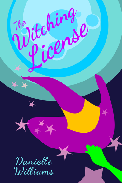 A WIP for THE WITCHING LICENSE book cover, with a bright purple witch's hat