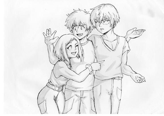 Lineart drawing of uraraka ochako, midoriya izuku and todoroki shoto walking together