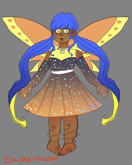 Nova's enchantix form. she has orange and yellow butterfly style wings, a galaxy themed dress similar to her original magic form and matching gloves. her hair is also longer with bits of yellow in the pigtails.