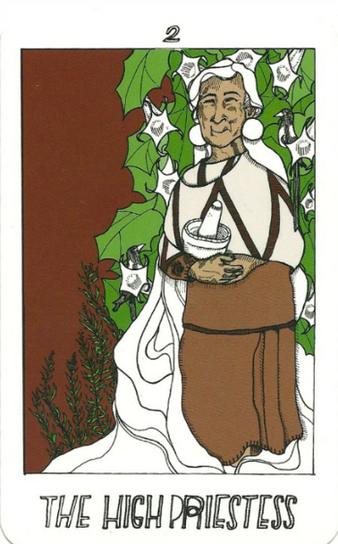 Une vieille femme est assise devant une plante de datura et à côté d'une plante d'armoise. Elle sourit et tient un mortier.