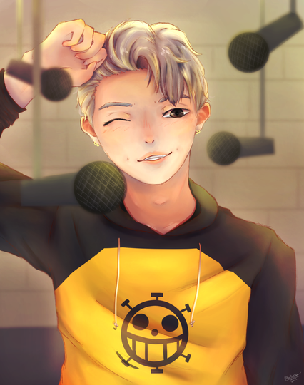 Namjoon from BTS wearing Law's (One Piece) hoodie in the Mic Drop room. There are Mics hanging around him, and he has a very smug look on his face, his hair is grey.