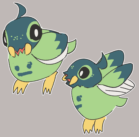a front and side shot of a starly/spinarak (bird and spider pokemon) fusion