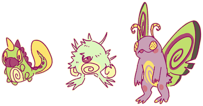 three stages of evolution of a wurmple, silcoon, and dustox fused with a poliwag, poliwhirl, and politoed (bug and frog pokemon)