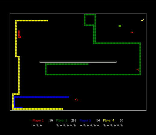 A game of Nibbles after the red player ran into an obstacle and respawned.