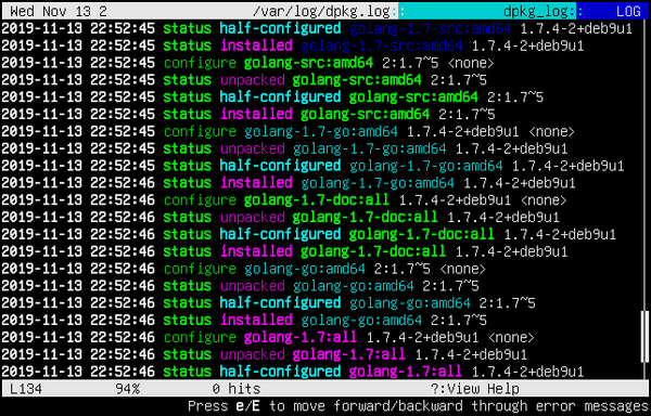 lnav showing a dpkg log.