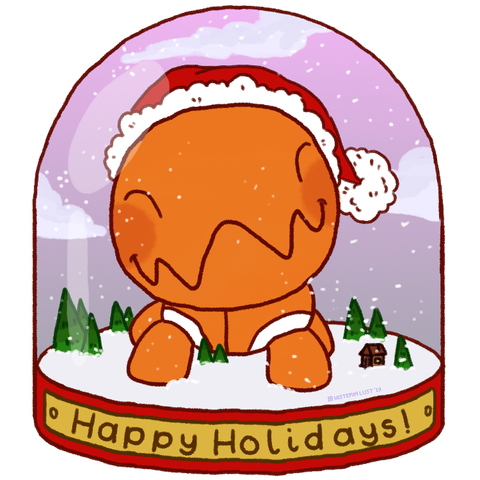 A digital drawing of a snow globe with a simple scene of trees with a little cottage surrounded by a blanket of snow. In the middle of the snow globe is the pokemon trapinch, which is an orange and quadrapedal animal. Trapinch is smiling and wearing a santa hat. A label on the front of the globe reads: "Happy Holidays!"