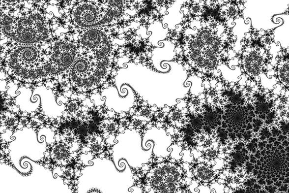 A Julia set fractal of a rational function constructed such that it is composed of 3 forms, corresponding to 3 locations in or near the quadratic Mandelbrot set.

Tight spirals top left, dark fuzzy spirals bottom right, solid white regions in between, and all of this is intermingled and self similar.