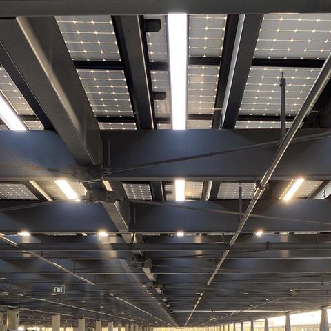 Photo taken outside, under a canopy of solar panels. Sunbeams shine through the cracks between panels.