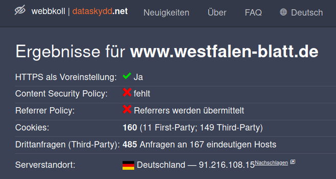 Screenshot des Webbkoll-Berichts für Westfalen-Blatt.de
