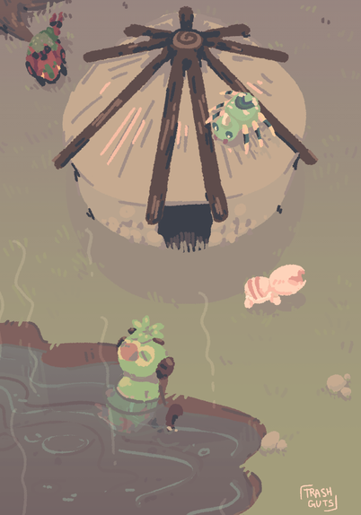 a bird's eye lineless drawing of four pokemon relaxing around a hut. grookey is in a nearby steaming pond, trapinch is running in front of the hut, spinarak is on top of the hut, and venipede is behind the hut near tree roots in the corner of the piece.
