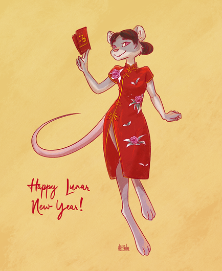 art of an anthro rat in a red qipao holding red envelopes.