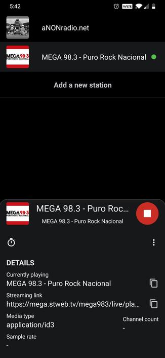 Transistor for Android showing MEGA 98.3 streaming over the Internet.