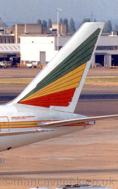 Tail of an Ethiopian Airlines B767 at Heathrow Airport, 1990s.