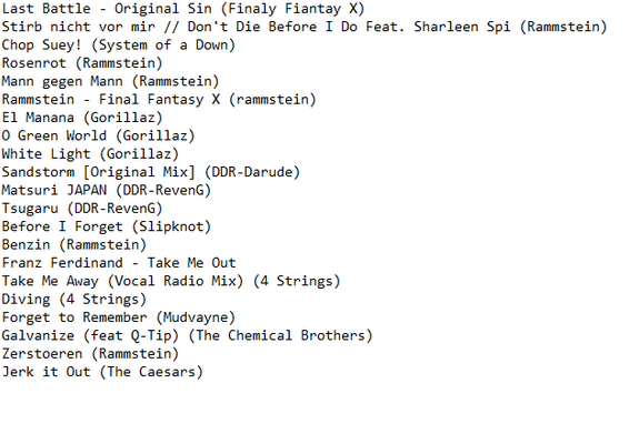 A list of tracks from my MP3 player (spelling is preserved as it was)

Last Battle - Original Sin (Finaly Fiantay X)
Stirb nicht vor mir // Don't Die Before I do Feat. Sharleen Spi (Rammstein)
Chop Suey! (System of a Down)
Rosenrot (Rammstein)
Mann gegen Mann (Rammstein)
Rammstein - Final Fantasy X (rammstein)
El Manana (Gorillaz)
O Green World (Gorillaz)
White Light (Gorillaz)
Sandstorm [Original Mix] (DDR-Darude)
Matsuri JAPAN (DDR-RevenG)
Tsugaru (DDR-RevenG)
Before I Forget (Slipknot)
Benzin (Rammstein)
Franz Ferdinand - Take Me Out
Take Me Away (Vocal Radio Mix) (4 Strings)
Diving (4 Strings)
Forget to Remember (Mudvayne)
Galvanize (feat Q-Tip) (The Chemical Brothers)
Zerstoeren (Rammstein)
Jerk it Out (The Caesars)