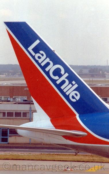 Tail of a LAN Chile B767 at frankfurt Airport, 1993 or 1996.