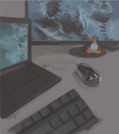 a realistic digital illustration of a grey desk top with laptop and external monitor displaying a poor rendition of a beautiful wallpaper, a linux penguin, and relatively emphasized unusual transparent mouse.