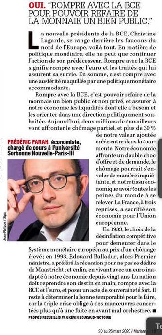 OUI. "ROMPRE AVEC LA BCE POUR POUVOIR REFAIRE DE LA MONNAIE UN BIEN PUBLIC."

Par Frédéric FARAH, économiste, chargé de cours à l'université Sorbonne Nouvelle-Paris-III. [avec sa photo, lunettes]
Interrogé par Kévin Boucaud-Victoire.