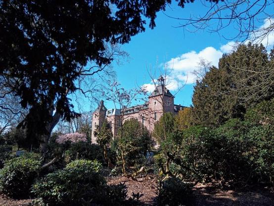 A castle before a blue sky, trees in the foreground.