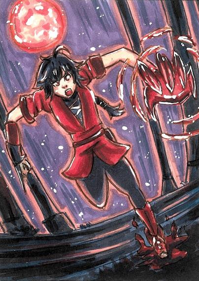 Velvet Crow in attack pose with her knife and monster hand. In the background is a blood moon and some ruins.