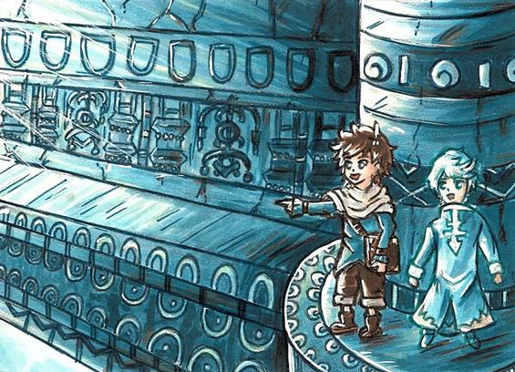 The two little kids sorey and mikleo are exploring ruins with lots of reliefs and blue tones. They are very excited (and cute).