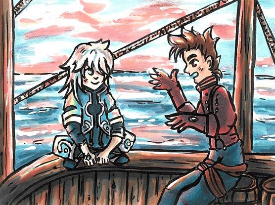 Two boys on a ship. They talk to each other and look happy. In the background is the ocean.