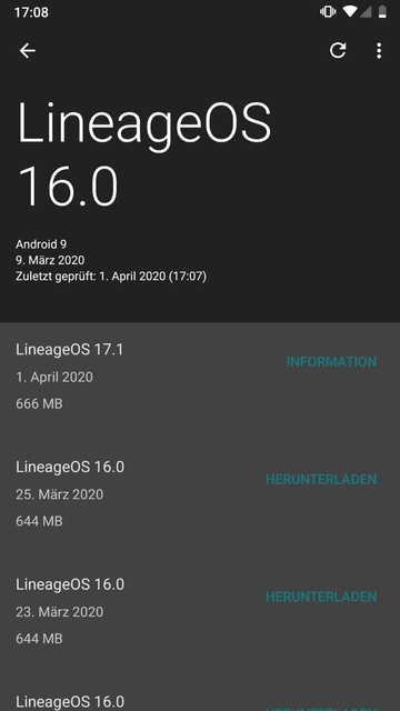 Screenshot of the LineageOS updater featuring the first 17.1 build with a site of 666 MB.