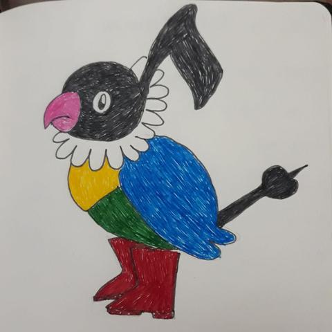 Chatot wearing red boots