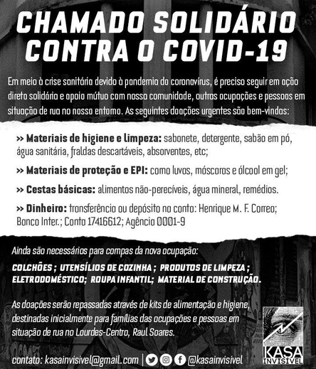 Cartaz pedindo apoio para ocupações em Belo Horizonte
