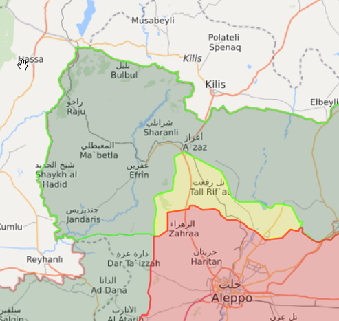 Cartina della regione di Shehba (in giallo) e zone circostanti, Siria del Nord-Ovest.