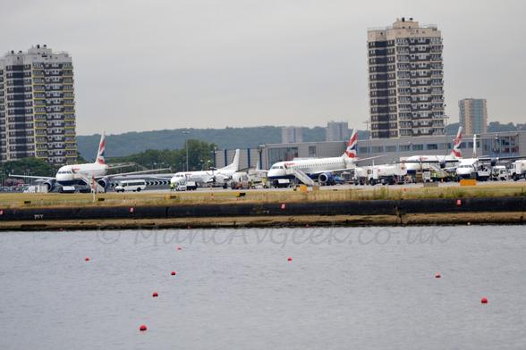 British Airways A318, S2000, ERJ170, ERJ190, and Blue Island ATR42 at London City Airport, 2014.