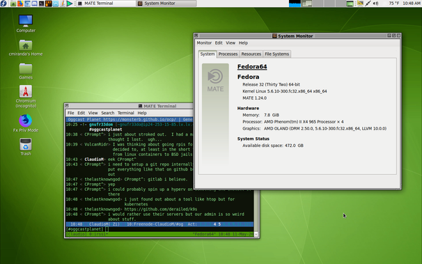 MATE Desktop made to look like Rhapsody, the developer version of what would be known as Mac OS X before it was released with an Aqua theme. MATE System Monitor is shown at the top right with a MATE Terminal window behind it near the lower-center left showing my chat session in IRC using Irssi running inside Tmux. I've moved the panel from the bottom to the top, but the icons are still on the left in vertical formation.