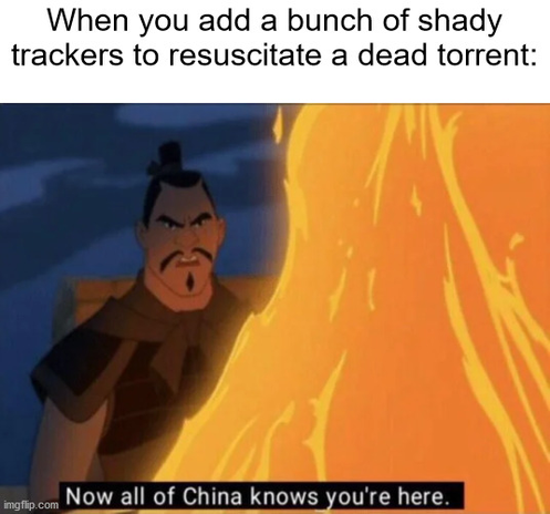 "When you add a bunch of shady trackers to resuscitate a dead torrent:" 
"Now all of China knows you're here"